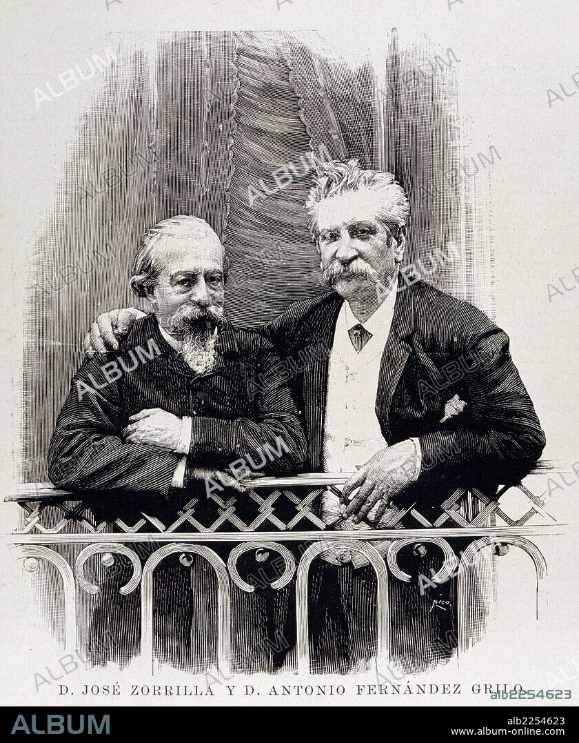 ZORRILLA , JOSE. ESCRITOR ESPAÑOL. VALLADOLID 1817 - 1893. GRABADO EN EL QUE APARECE JUNTO ANTONIO. FERNANDEZ GRILO.