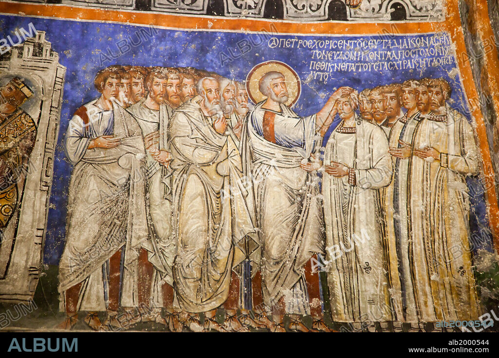 Turkey, Cappadocia, Goreme Valley, Tokaly Church, Fresco, First Deacons Pentecost and Blessing . The Tokaly church is dated to the beginning of the 10th century. The fresco depicts the First Deacons' Pentecost and Blessing.