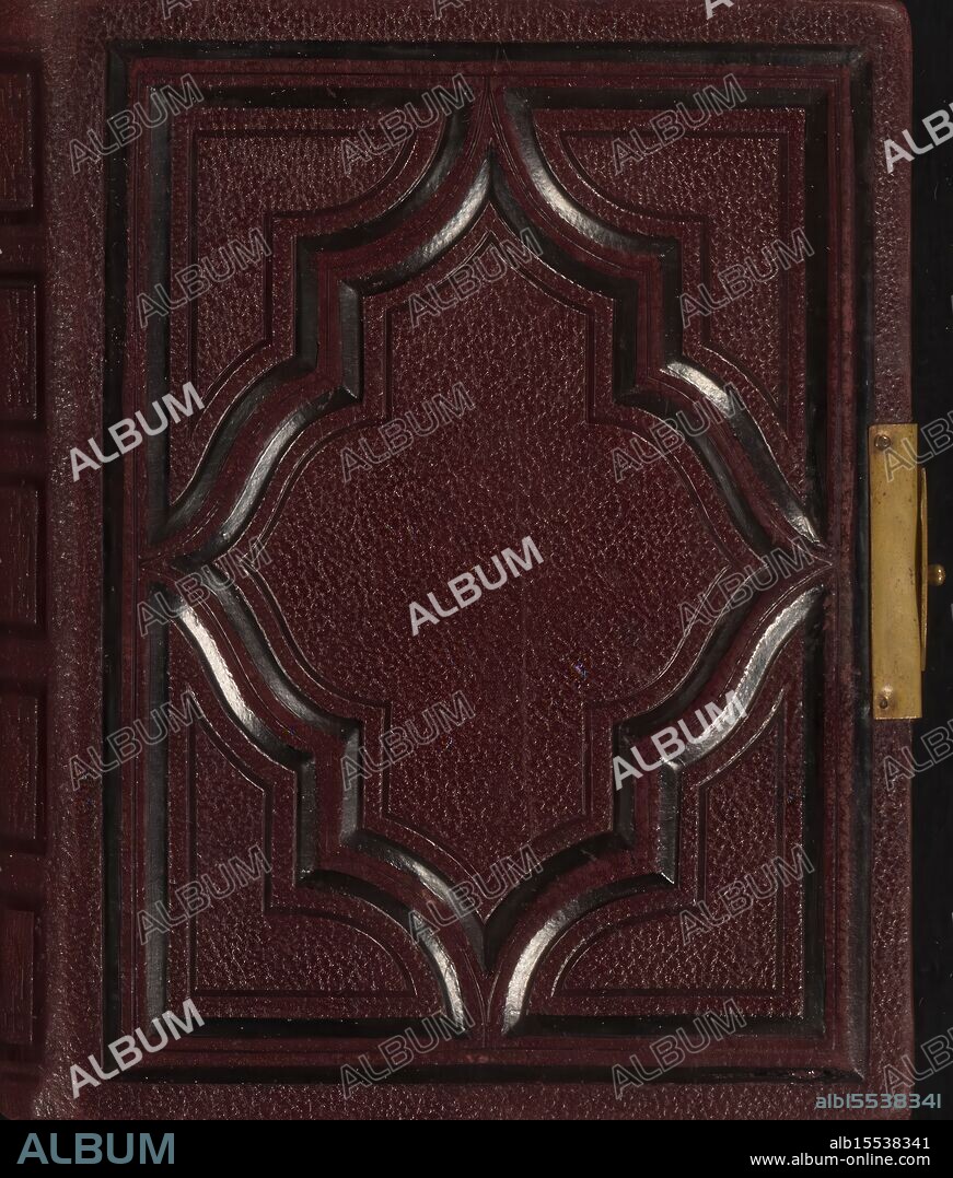 Photo album (empty), inside front cover - pasted, Photo album with 48 pages, each with a passe-partout with an embossed edge for a carte-de-visite., photo album, insert album, photos, SERVICE, DISTRIBUTED, NATIONAL COLLECTIONS, A 748, height 156 mm, width 126 mm, thickness, 43 mm, width 251 mm, maker, manufacturer, 1860 - 1900, cardboard, paper, leather, metal, colour on cut.