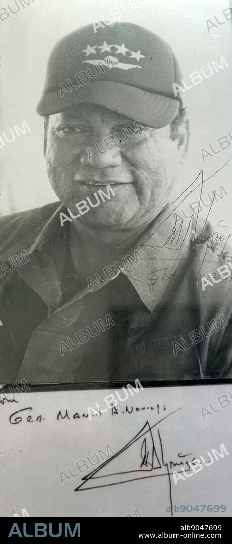 An autographed photograph of General Manuel Noriega. Manuel Antonio Noriega Moreno (1934-2017) was a Panamanian politician and military officer who was the de facto ruler of Panama during the 1980s.