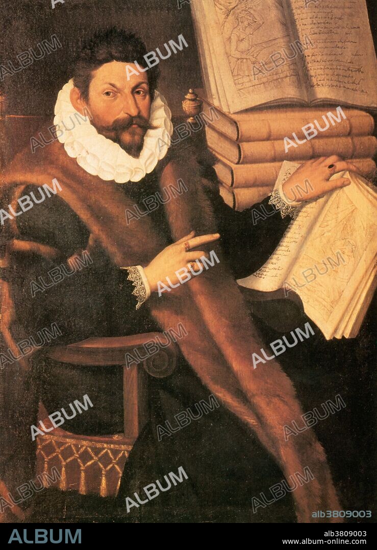 Portrait of Gaspare Tagliacozzi (1547-1599), attributed to Tiburzio Passarotti, c. 1575.  In this painting, the Italian surgeon is shown with many copies of his book on plastic surgery, De Curtorum Chirurgia Per Institionem (1597).  The copy he is holding is open to a page on rhinoplasty, showing his method of using grafted skin to repair a cut-off nose.  His wealth and high social status is displayed in his elegant attire.  Although reconstructive surgery had been practiced for years, with documented procedures in ancient India, Tagliacozzi popularized the field of plastic surgery, and particularly rhinoplasty, in the 16th century.