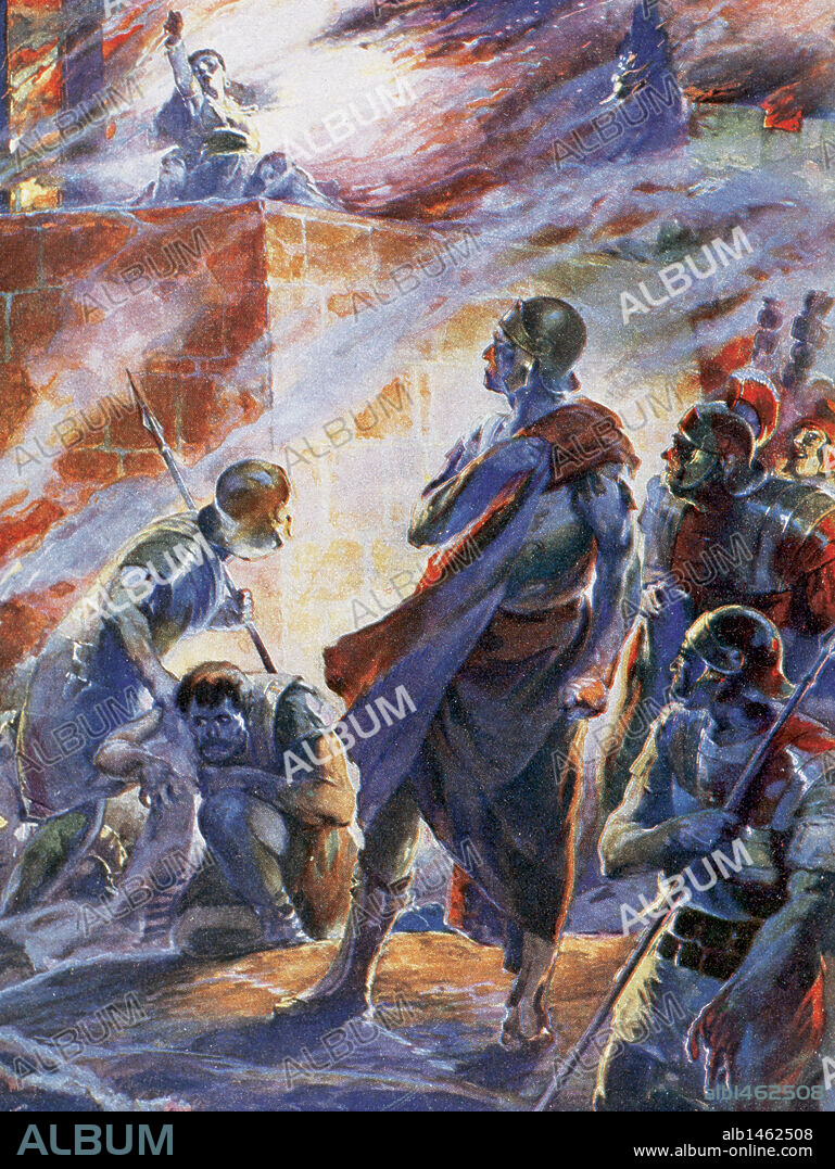 TERCERA GUERRA PUNICA (149-146 a. C.). Asalto final, incendio y destrucción de Cartago (146 a. C.) por las tropas romanas al mando de Escipión el Joven (185-129 a. C.). Asdrúbal el Betoarca se entrega a los romanos tras la muerte de su esposa, al arrojarse al templo de Eshmun en llamas, por la derrota cartaginesa. Pintura de José Segrelles (1885-1969). Ilustración para la "Historia de las Naciones" realizada hacia 1920. Copia de una obra de N. A. Curtin.