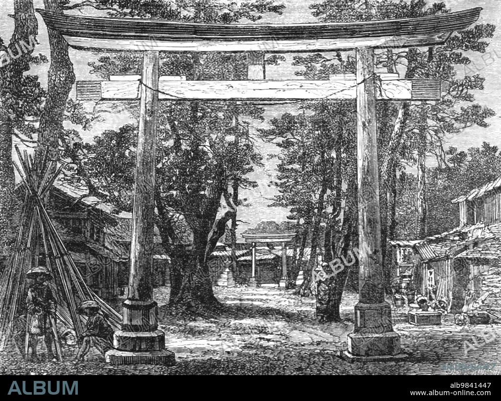'Tori, or Holy Gate -- Avenue of the Temple at Benten; A European Sojourn in Japan', 1875. From, 'Illustrated Travels' by H.W. Bates. [Cassell, Petter, and Galpin, c1880, London].