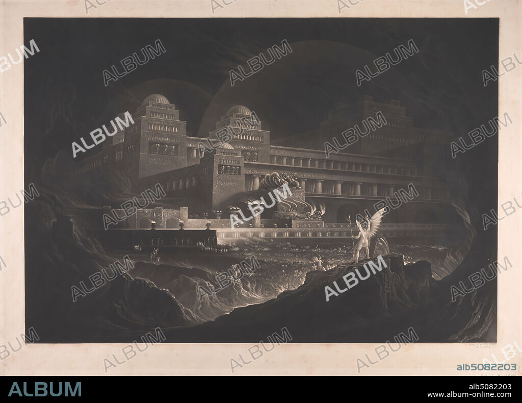 Pandemonium, Print made by John Martin, 17891854, British, and J. P. Quilley, active 1828, after John Martin, 17891854, British, 1831, Mezzotint on moderately thick, slightly textured, cream wove paper, Sheet: 22 3/8 × 30 3/4 inches (56.8 × 78.1 cm) and Image: 19 1/8 × 27 5/8 inches (48.6 × 70.2 cm), angel, building, chaos, city, cliff, crowd, demon, devil, dome, dragon, elephant (animal), flame, hell, literary theme, Paradise Lost (published 1667) by John Milton, pillar, religious and mythological subject, rock, shield, spear, statue, torch, wings.