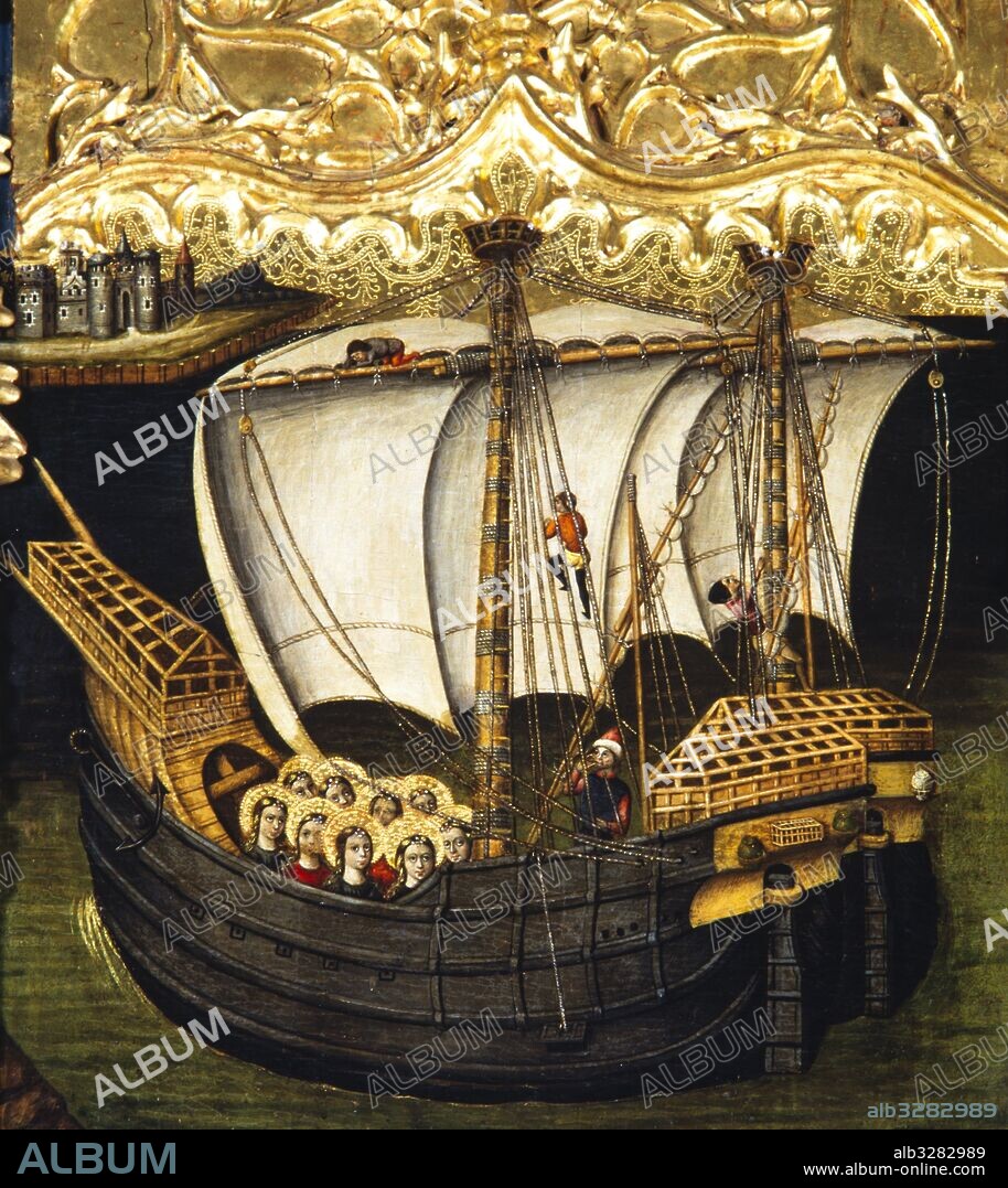 JUAN REXACH. Retablo de santa Úrsula y las once mil vírgenes, 1468. Compartimento del Viaje de santa Úrsula y las once mil vírgenes. Temple, óleo y dorado con pan de oro sobre tabla. 373 x 286 x 18 cm. Procede de la capilla de Santa Úrsula de la iglesia del monasterio de Santa Maria de Poblet (Vimbodí i Poblet, Conca de Barberà). Museu Nacional d'Art de Catalunya, Barcelona.