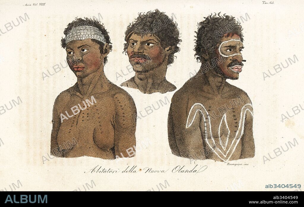 Australian aborigines with body painting and scarification. Woman Worogan from Sydney area, man with body painting Y-Erran-Gou-La-Ga, and head of man with moustache. Handcoloured copperplate engraved by Francesco Rosaspina from Giulio Ferrario's Ancient and Modern Costumes of all the Peoples of the World, Florence, Italy, 1844.