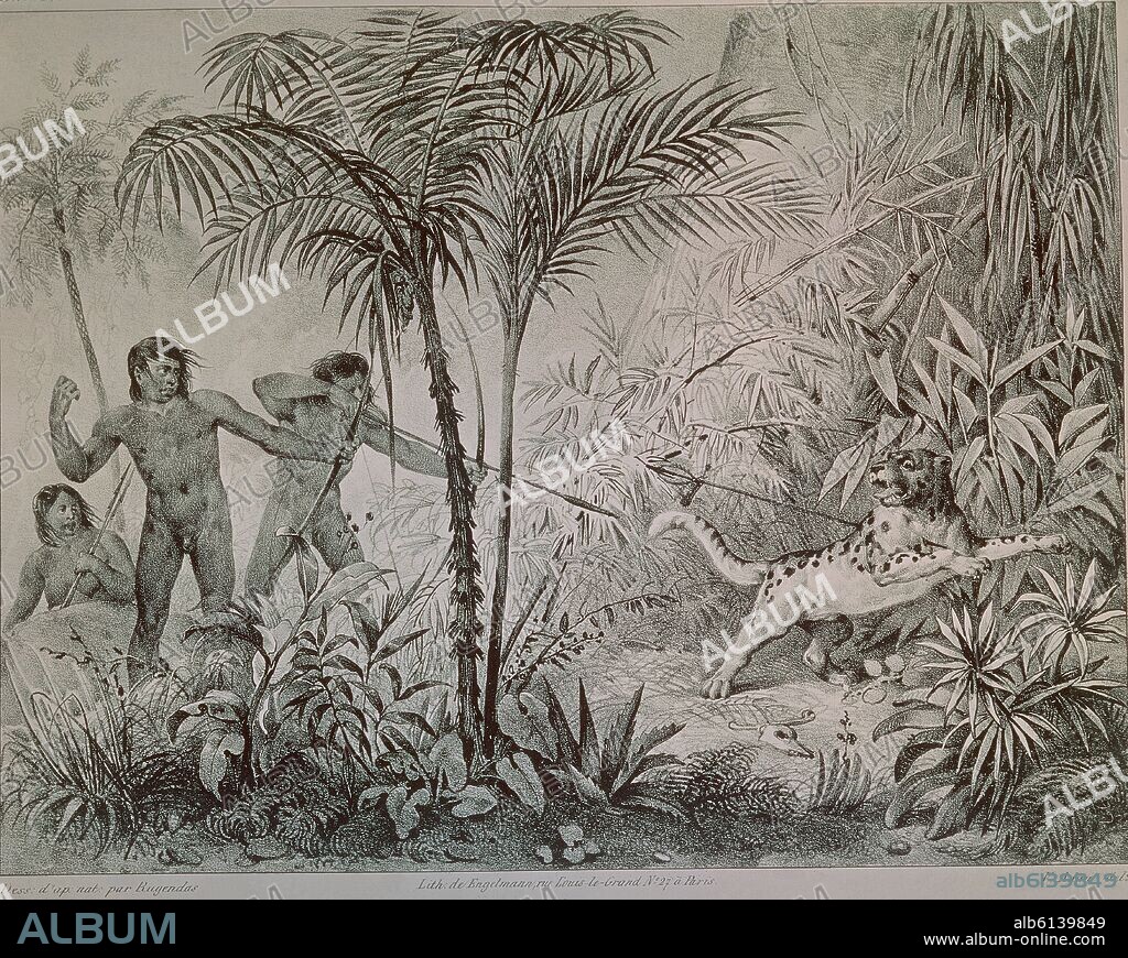 GRABADO-INDIGENAS CAZANDO UN TIGRE EN BRASIL - AMAZONAS.