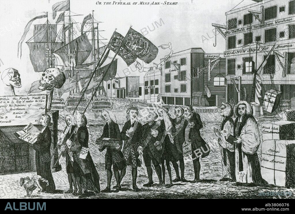 British cartoon titled "The Repeal, or the Funeral of Miss Ame-Stamp" a 1766 engraving. The cartoon shows a mock funeral along the Thames River for the Stamp Act. The child's coffin is marked "Miss Ame-Stamp born 1765, died 1766." The British Treasury Secretary George Grenville is carrying the coffin. The Stamp Act of 1765 was a direct tax imposed by the British Parliament on the colonies of British America.The first direct tax to be levied on the American colonies, it required that all newspapers, pamphlets, legal documents, commercial bills, advertisements, and other papers issued in the colonies bear a stamp. The American colonies were furious and refused to pay for the tax that the British put on them. The Americans in all 13 colonies protested strongly and the British retreated part way, but insisted on the right of Parliament to tax the colonies. The Americans rejected that as unconstitutional, declaring "No Taxation without Representation", and it was a major grievance that led to the American Revolution.