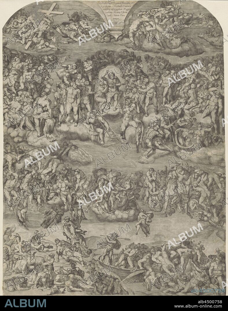 Last Judgment, The fresco 'The Last Judgment' by Michelangelo in the Sistine Chapel, Michele Greco (mentioned on object), 1534 - 1609 and/or 1580, paper, etching, h 545 mm × w 414 mm.