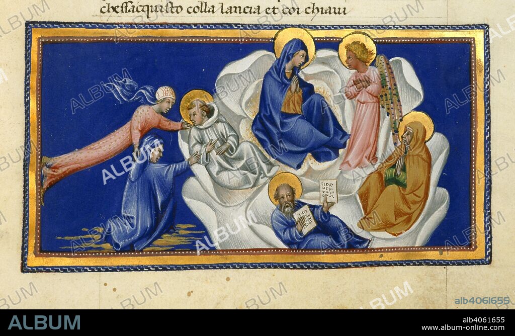 DANTE ALIGHIERI. Dante and Beatrice before Bernard, who sits within the Celestial Rose; at the top of the Rose are the Virgin Mary and Gabriel at the moment of the Annunciation, with other saints below. Divina Commedia. Italy, N. (Tuscany, Siena?); between 1444 and c. 1450. Source: Yates Thompson 36, f.188. Language: Italian.
