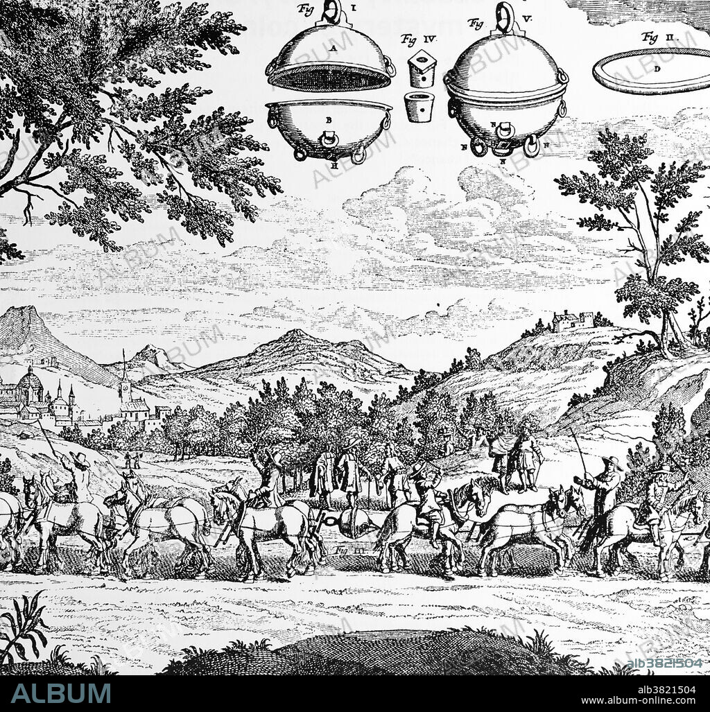 Magdeburg hemispheres experiment which demonstrated atmospheric pressure. The experiment used two brass hemispheres, seen at top. These were around 50 centimeters in diameter and designed to fit together snugly. When von Guericke pumped the air from between them, they were forced together by the external pressure of the atmosphere. This force was so strong that two teams of eight horses could not pull the hemispheres apart. When the vacuum was released they came apart easily. The experiment was conducted in the 1650s in Magdeburg, Germany. Otto von Guericke (November 30, 1602 - May 21, 1686) was a German scientist, inventor, and politician. His major scientific achievements were the establishment of the physics of vacuums, the discovery of an experimental method for clearly demonstrating electrostatic repulsion, and his advocacy of the reality of "action at a distance" and of "absolute space". Around 1650 von Guericke invented a vacuum pump consisting of a piston and an air gun cylinder with two-way flaps designed to pull air out of whatever vessel it was connected to, and used it to investigate the properties of the vacuum in many experiments.