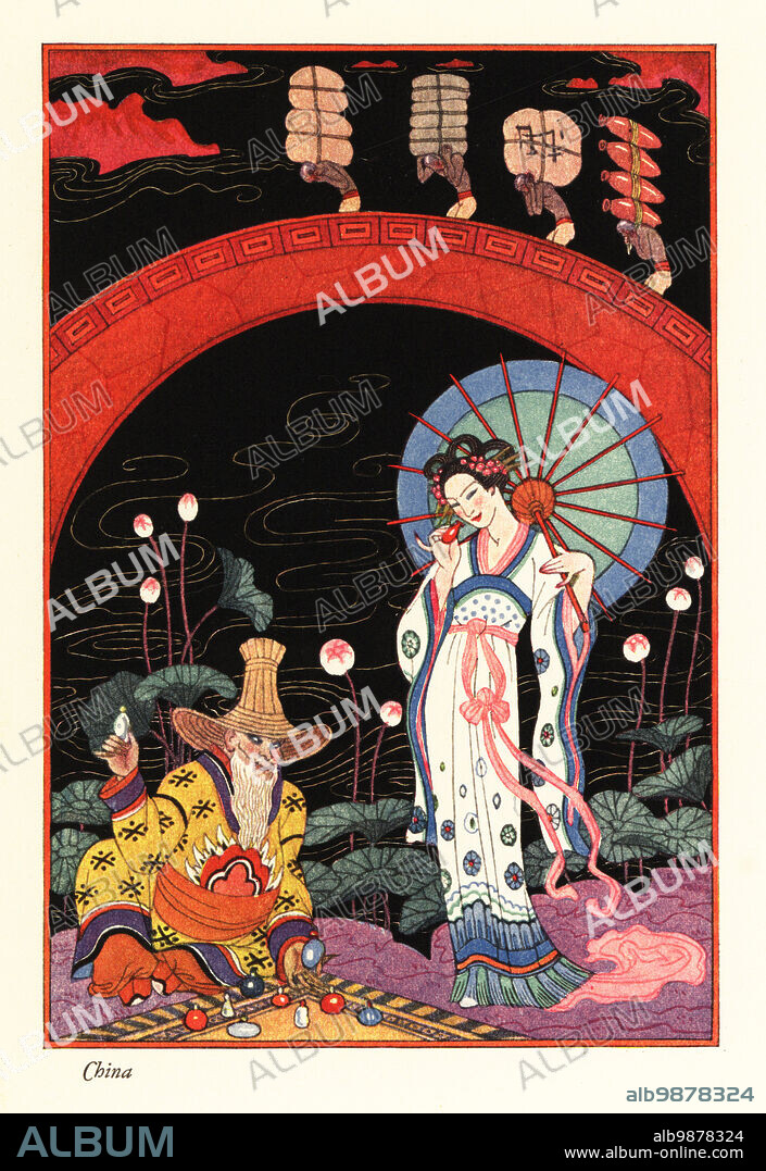 A young Chinese woman with lacquer parasol smelling a perfume flask, ancient China. A perfume seller sits next to a carpet with other scent bottles. In the background, labourers carry goods over a bridge and lotus flowers bloom in a pond. Smithsonian-process colour print after Art Deco master George Barbier from Richard le Galliennes Romance of Perfume, Hudnut, New York, 1928.