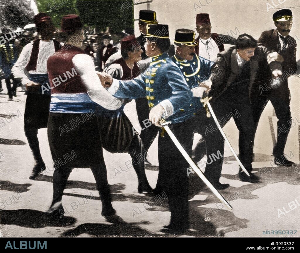 Arrest of Gavrilo Princip, assassin of Archduke Franz Ferdinand, 1914. Arrest of Gavrilo Princip, assassin of Archduke Franz Ferdinand, 1914. Princip, a Serbian nationalist murdered the Archduke Franz Ferdinand (1863-1914), heir to the Austrian throne, at Sarajevo, on 28 June 1914. The assassination set Europe firmly on the road to the First World War. From 'The Manchester Guardian: History of the War', Vol. I.-1914-15., 1915. (Colorised black and white print).
