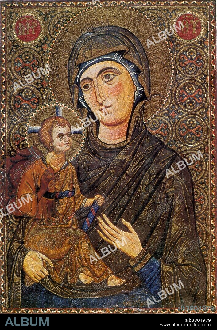 Saint Catherine's Monastery, Madonna and child, 13th century. A Hodegetria is an iconographic depiction of the Theotokos (Virgin Mary) holding the Child Jesus at her side while pointing to Him as the source of salvation for humankind. In the Western Church this type of icon is sometimes called Our Lady of the Way. Saint Catherine's Monastery lies on the Sinai Peninsula, at the mouth of a gorge at the foot of Mount Sinai, in the city of Saint Catherine, Egypt in the South Sinai Governorate. The monastery is controlled by the autonomous Church of Sinai, part of the wider Eastern Orthodox Church, and is a UNESCO World Heritage Site. The complex houses irreplaceable works of art: mosaics, the best collection of early icons in the world, many in encaustic, as well as liturgical objects, chalices and reliquaries, and church buildings.