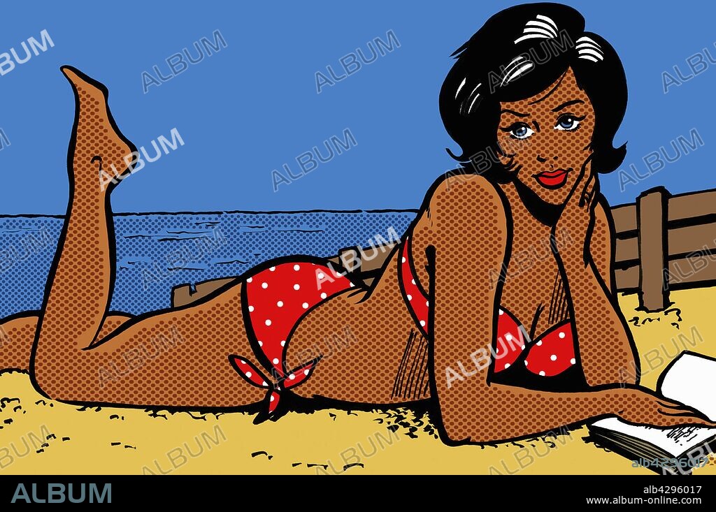 Woman in bikini lying on beach with book.