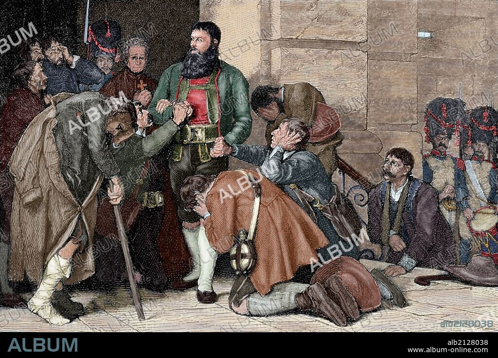 Andreas Hofer (1767-1810). Patriota tirolés. De profesión, posadero. Instigador de la rebelión de los montañeses tiroleses contra el imperialismo bonapartista, inicio del nacionalismo pantirolés. Andreas Hofer nació en 1767 en San Leonardo. Grabado coloreado.