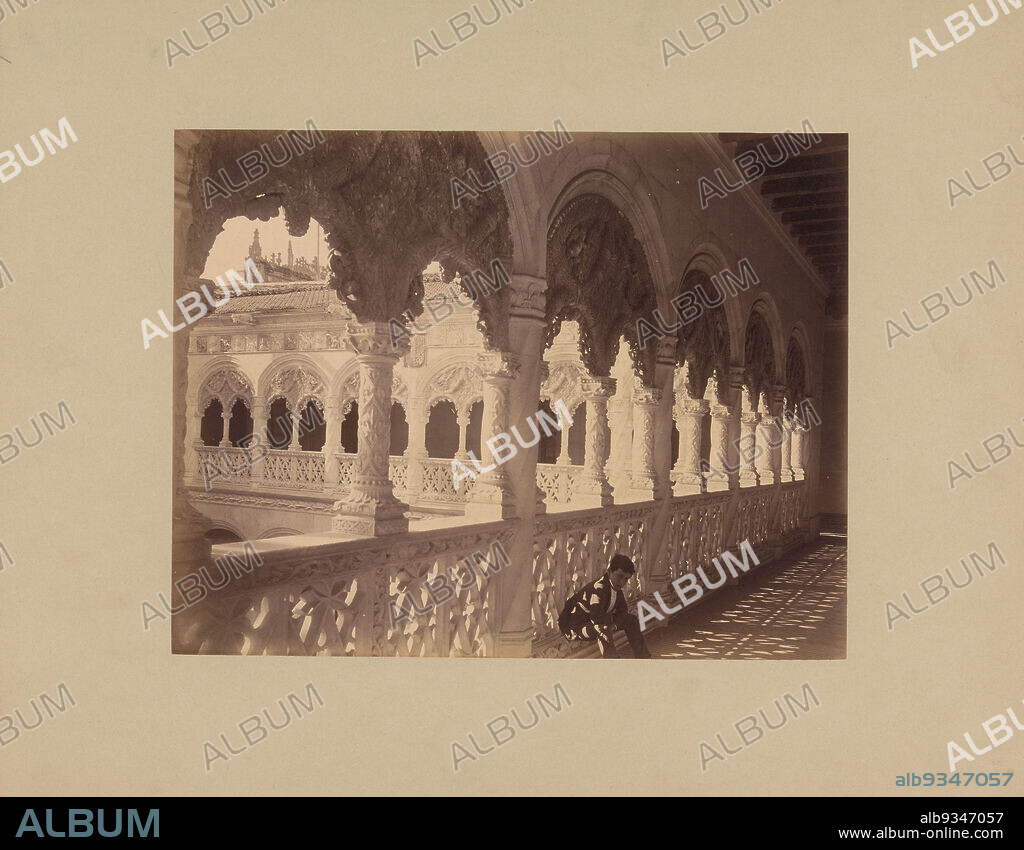 Colonnade in a building (presumably) in Spain, anonymous, Spain, c. 1875 - c. 1900, cardboard, albumen print, height 278 mm × width 215 mm.