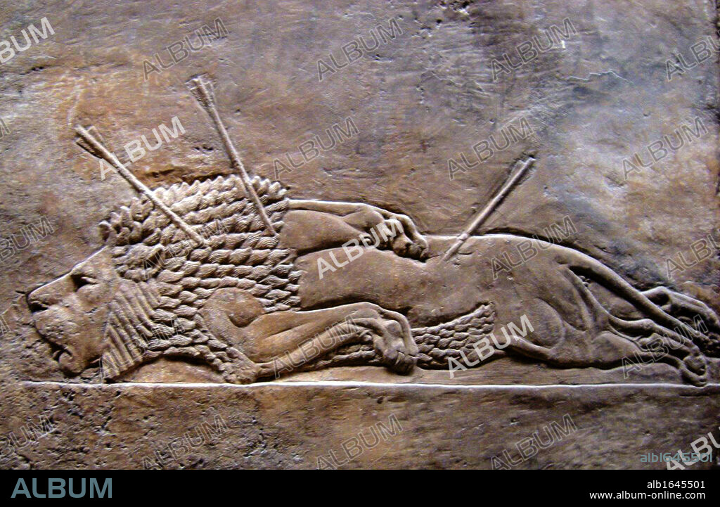 Nineveh ancient city of Assyria, near modern-day Mosul, in the Ninawa Governorate of Iraq. Relief from the palace showing a lion hunted to death. 2nd millennium BC.