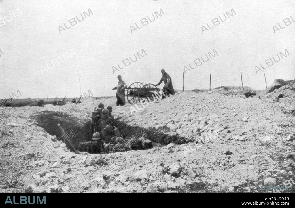 French soldiers in a foxhole, Second Battle of Champagne, France, September 25-November 6 1915. The French launched an offensive in Champagne on 25 September 1915. The attack was initially successful, penetrating 3 kilometres through the German lines. The Germans counter-attacked however, and by the time the offensive was called off in early November the French were back in their original positions with 145,000 casualties. The battle also took artillery away from Verdun, encouraging the Germans to launch their attack there early the following year.