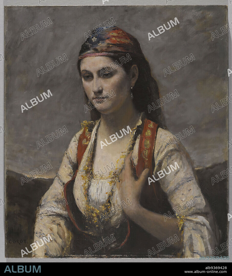 The Young Woman of Albano, L'Albanaise, Jean-Baptiste-Camille Corot, French, 1796-1875, Oil on canvas, Europe, 1872, 29 3/16 x 25 13/16 in., 74.1 x 65.6 cm, 1872, 19th Century, albanian, bodice, creamy, earring, European, exotic, female, female figure, French painting, gypsy, head scarf, ivory, ivory skin, kerchief, languid, low cut, milky neck, neck, portrait, portraiture, scarf, smoky, throat, woman, x-ray, xray.