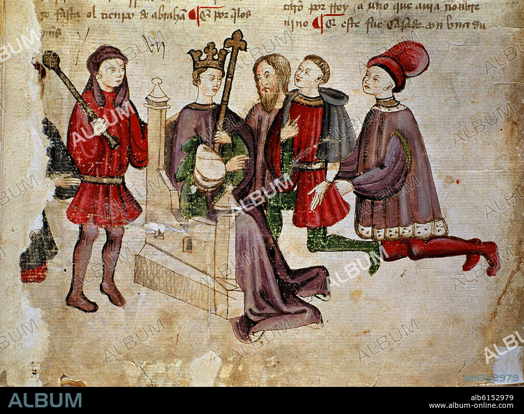 SANCHO IV (1258-1295). LIBRO DE LOS CASTIGOS DEL REY SANCHO IV DE CASTILLA "INFANTE SANCHO IV PRESENTA VASALLAJE AL REY" - SIGLO XIII.