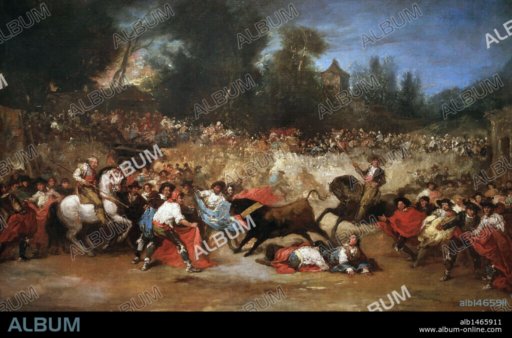 ARTE S. XIX. ESPAÑA. LUCAS VELAZQUEZ, Eugenio (1824-1870). Pintor español influenciado por Goya. "EL TORO CON COLLAR" (1863). Oleo sobre tela, 105,5 x 167,5 cm. Museo de Bellas Artes de La Habana. Cuba.