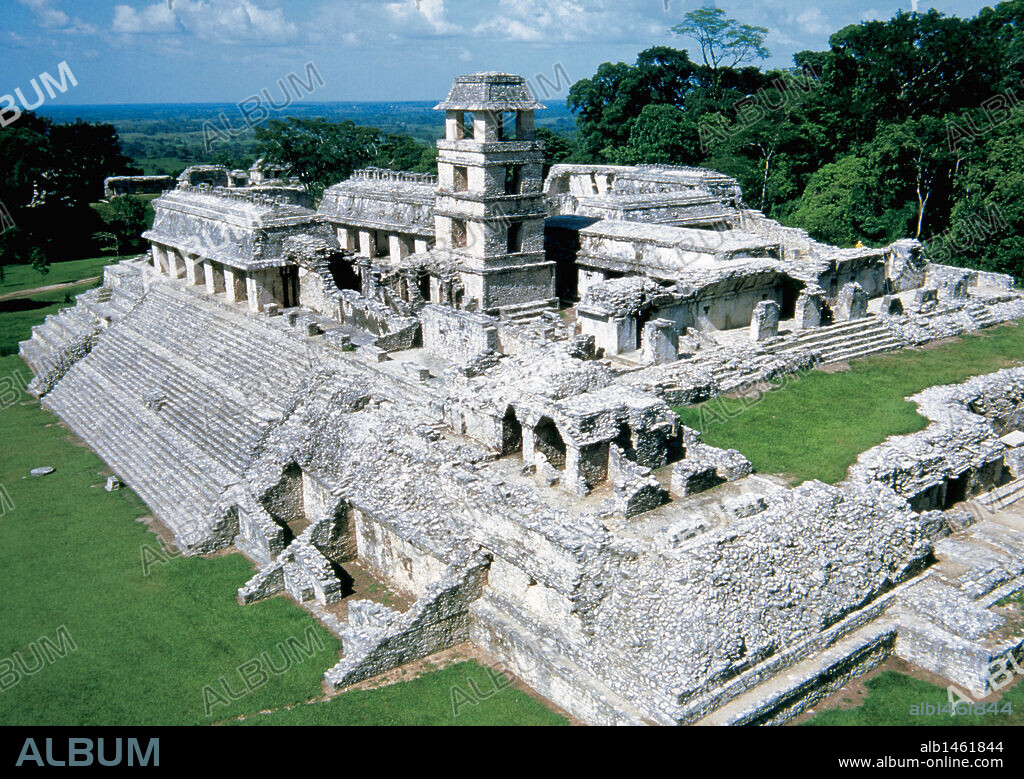 Pre-Columbian Art. Maya. Mexico. 7th - 8th centuries. Palenque Archaeological Site, set of buildings constructed on an artificial platform. Declared a World Heritage Site by UNESCO. State of Chiapas.