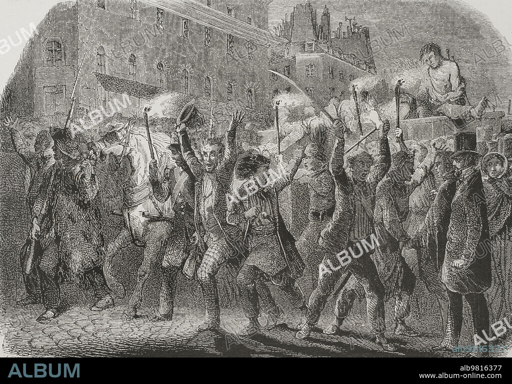 French Revolution of 1848. The Parisians took up arms on 23 and 24 February 1848, leading to the abdication of King Louis-Philippe I (1773-1850). The crowd in the streets of Paris on the night of 23 February 1848. The hearse with the dead. Engraving. "Los Héroes y las Grandezas de la Tierra". Volume V, 1855.
