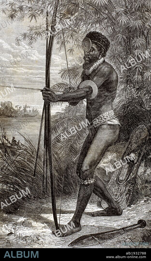 OCEANIA. MELANESIA. Habitante de las ISLAS SALOMON. Grabado del año 1882.