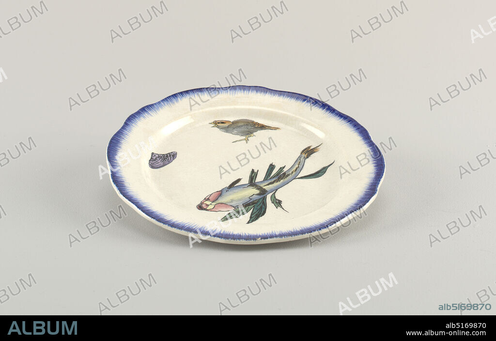 Service Rousseau, Felix Bracquemond, France, 1833 1914, Glazed and hand-painted earthenware, Plate with fish, bird, and shell, bordered in blue., France, 1866, ceramics, Decorative Arts, Plate, Plate.