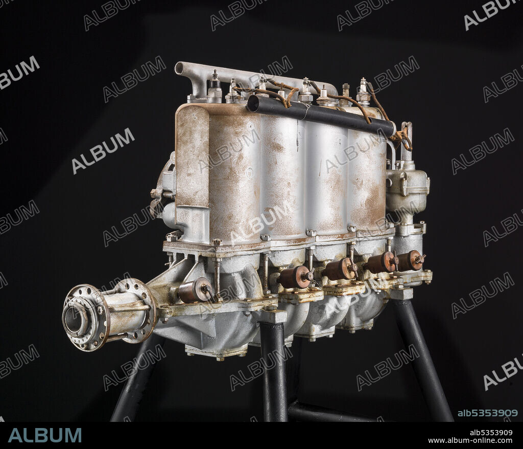 An important objective of the Roberts Motor Company design was light weight, which was achieved through the extensive use of aluminum and magnesium alloys in the cylinders and crankcase, a hollow crankshaft, and two-stroke cycle operation (to reduce parts count). Between 1911 and 1912, Roberts engines were used by many noted exhibition pilots, and more Roberts engines were said to be built than by Hall-Scott and Curtiss combined. This engine was purchased by Oscar R. Solbrig of Davenport, Iowa, to power the Curtiss-type pusher aircraft he built in 1911-12. Solbrig, who had received aviation training from Curtiss, soloed in his own aircraft in 1912. He later flew exhibition flights and races with it at county fairs, sports events, and exposition parks in Iowa and Illinois. This artifact is apparently rare because the standard Roberts 4X engine used a 114 mm (4.5 in.) bore, resulting in a 5.21 L (318 cu. in,) displacement.