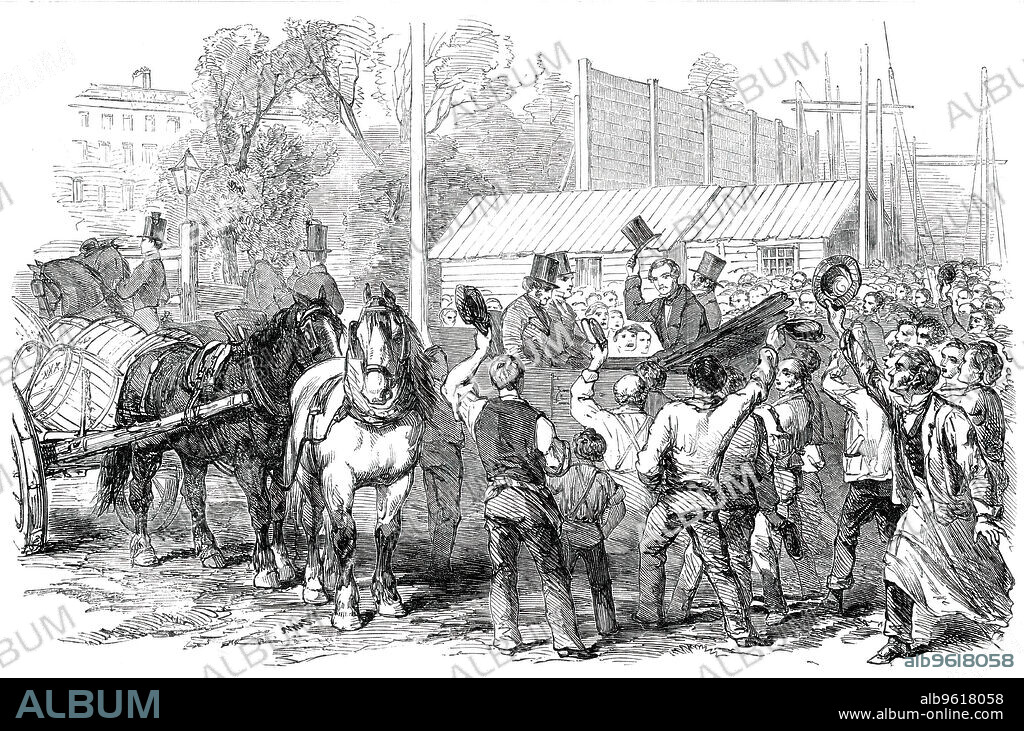 Visit of His Royal Highness Prince Albert to the Great Exhibition Building in Hyde Park - the "Parting Cheer", 1850. 'Prince Albert's visit to the building...appears to have been particularly gratifying. His Royal Highness minutely inspected the various mechanical contrivances employed about the details of the structure, and seemed thoroughly astonished at the progress of all the operations connected therewith. He was loudly cheered on leaving the ground.' The Great Exhibition of the Works of Industry of All Nations was an international exhibition which took place in Hyde Park, London. It was the first in a series of World's Fairs, and was organised by Prince Albert and Henry Cole (first director of the South Kensington Museum, later the Victoria and Albert Museum). From "Illustrated London News", 1850.