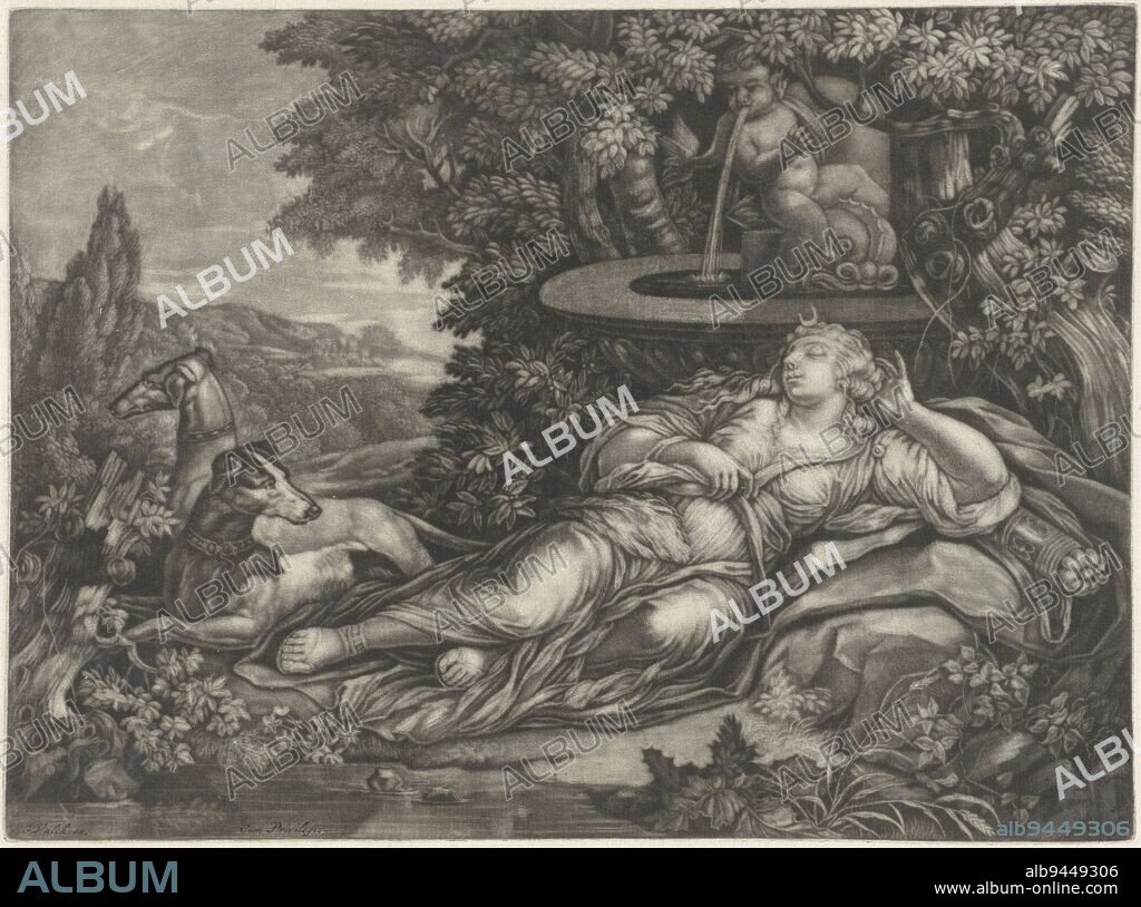In a wooded landscape, Diana, the goddess of the hunt, lies asleep by a fountain. At her feet lie two hunting dogs., Sleeping Diana, print maker: anonymous, publisher: Gerard Valck, (mentioned on object), anonymous, (mentioned on object), 1662 - 1726, paper, h 227 mm × w 305 mm.