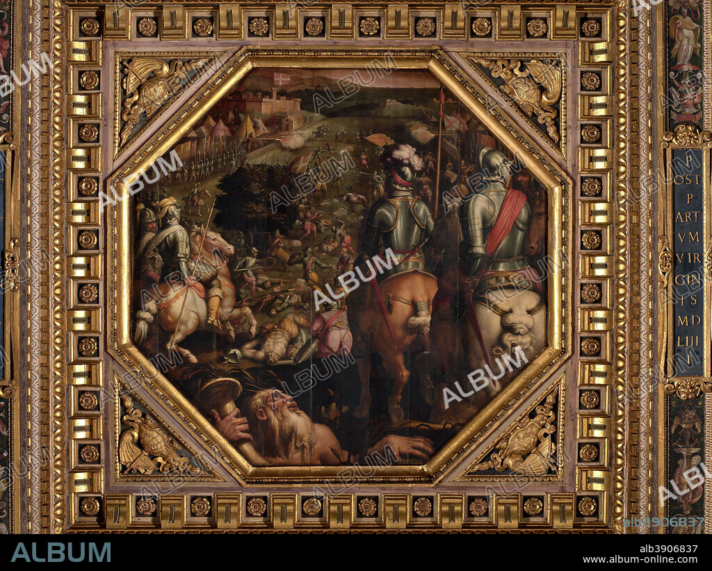 GIORGIO VASARI. Battle of Marciano in Val di Chiana. Date/Period: 1563 - 1565. Oil painting on wood. Height: 540 mm (21.25 in); Width: 540 mm (21.25 in).