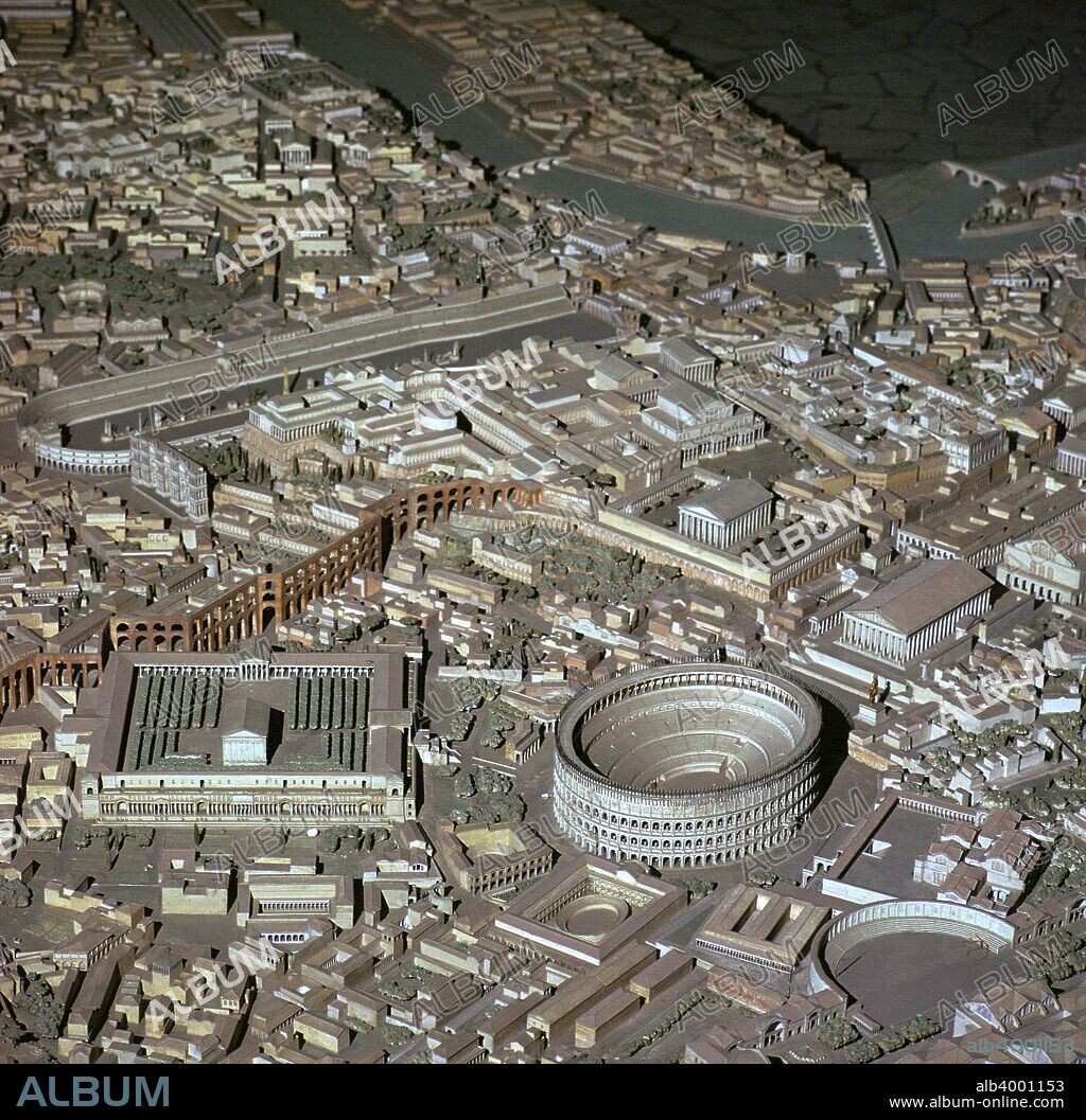 Model of Imperial-period Rome. Behind the Colosseum is the Palatine Hill and the Circus Maximus beyond on the left. On the right of the Colosseum is the forum. In the Museo di Civilita Roma, Rome, 2nd century.