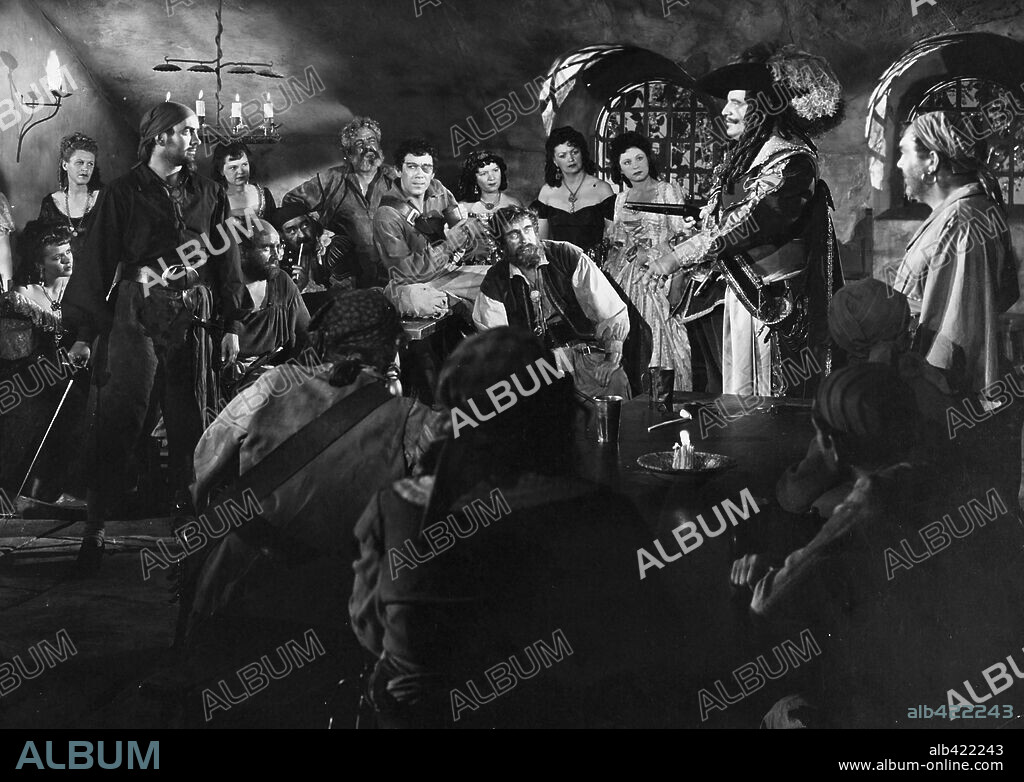 ANTHONY QUINN, GEORGE SANDERS, LAIRD CREGAR and TYRONE POWER in THE BLACK SWAN, 1942, directed by HENRY KING. Copyright 20TH CENTURY FOX.