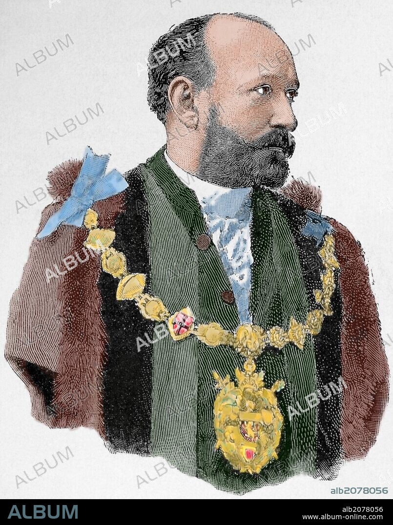 Sir Augustus Henry Glossop Harris (1852-1896). Actor, empresario y dramaturgo inglés. Grabado de "La Ilustración Artística", año 1896. Coloreado.