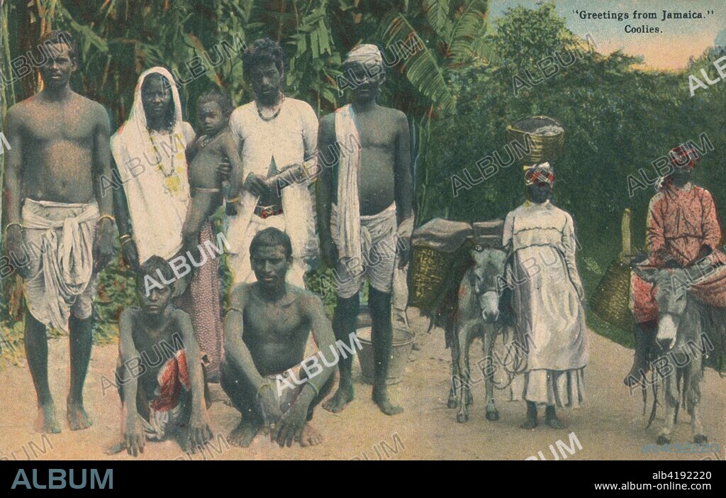 Greetings from Jamaica. Coolies', early 20th century. During the 19th and early 20th centuries, the term 'coolie' usually referred to an indentured labourer from South Asia, South East Asia or China. It is now regarded as derogatory and/or a racial slur in many parts of the world. [A. Duperly & Son, Kingston, Jamaica].