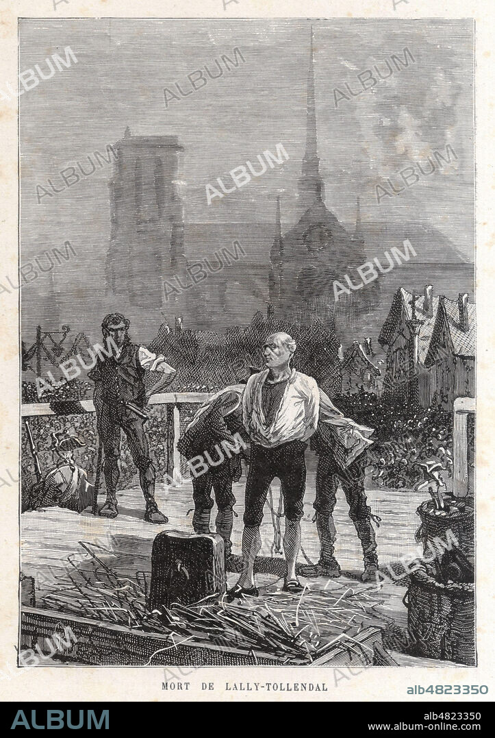 Mort de Thomas LALLY-TOLLENDAL (1702-1766) execute en Place de Greve a Paris. Illustration vers 1880 par Jules FERAT (ne en 1819) pour la 'Nouvelle histoire des voyages' de Richard CORTAMBERT (1836-1884). Credit : Collection KHARBINE-TAPABOR.