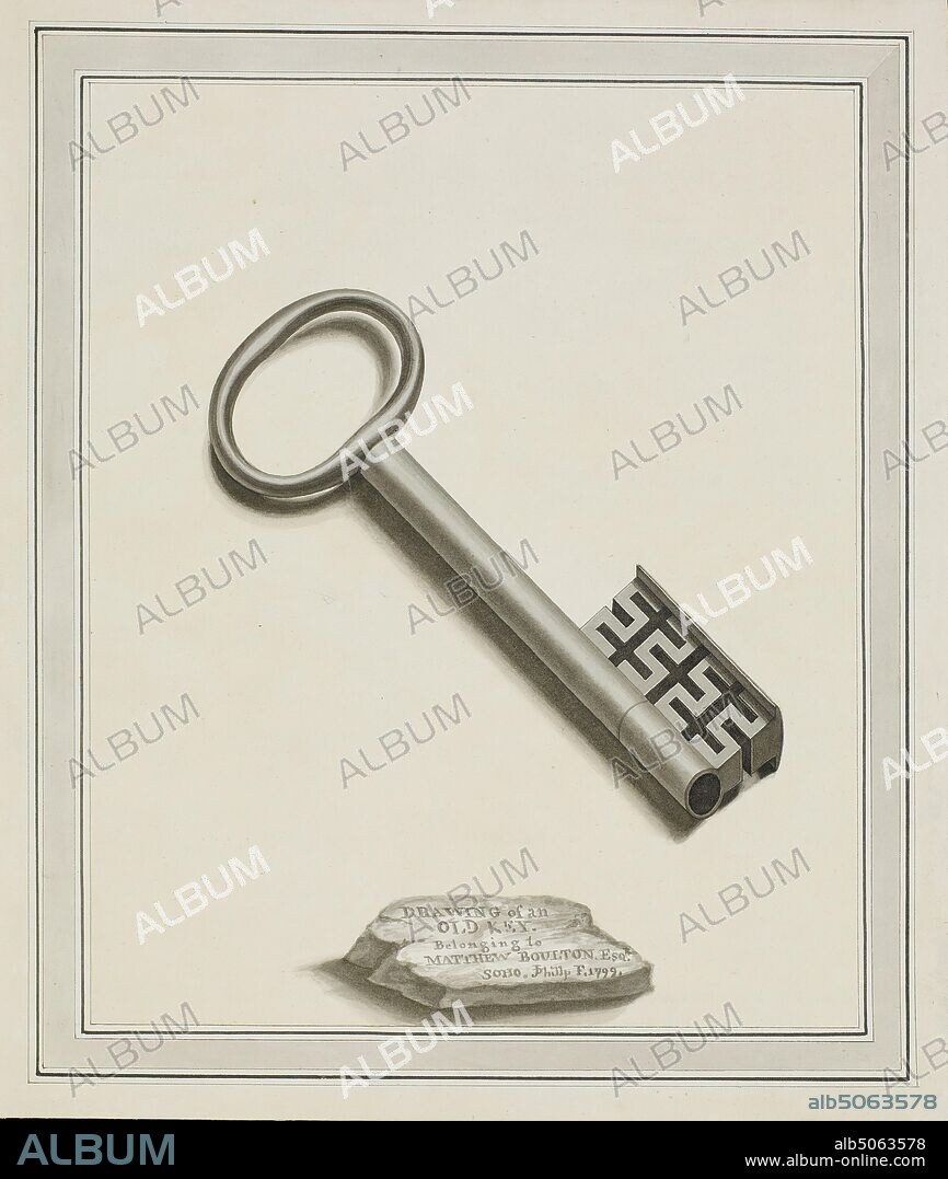 Drawing of an old key, 1799 John Phillip, From album of John Phillp Drawings and Watercolours of Handsworth and Soho. Inscribed: 'Drawing of an Old Key Belonging to Matthew Boulton Esq. Soho', Drawing, Watercolour, Topographical Views, Science and Industry, Birmingham history.