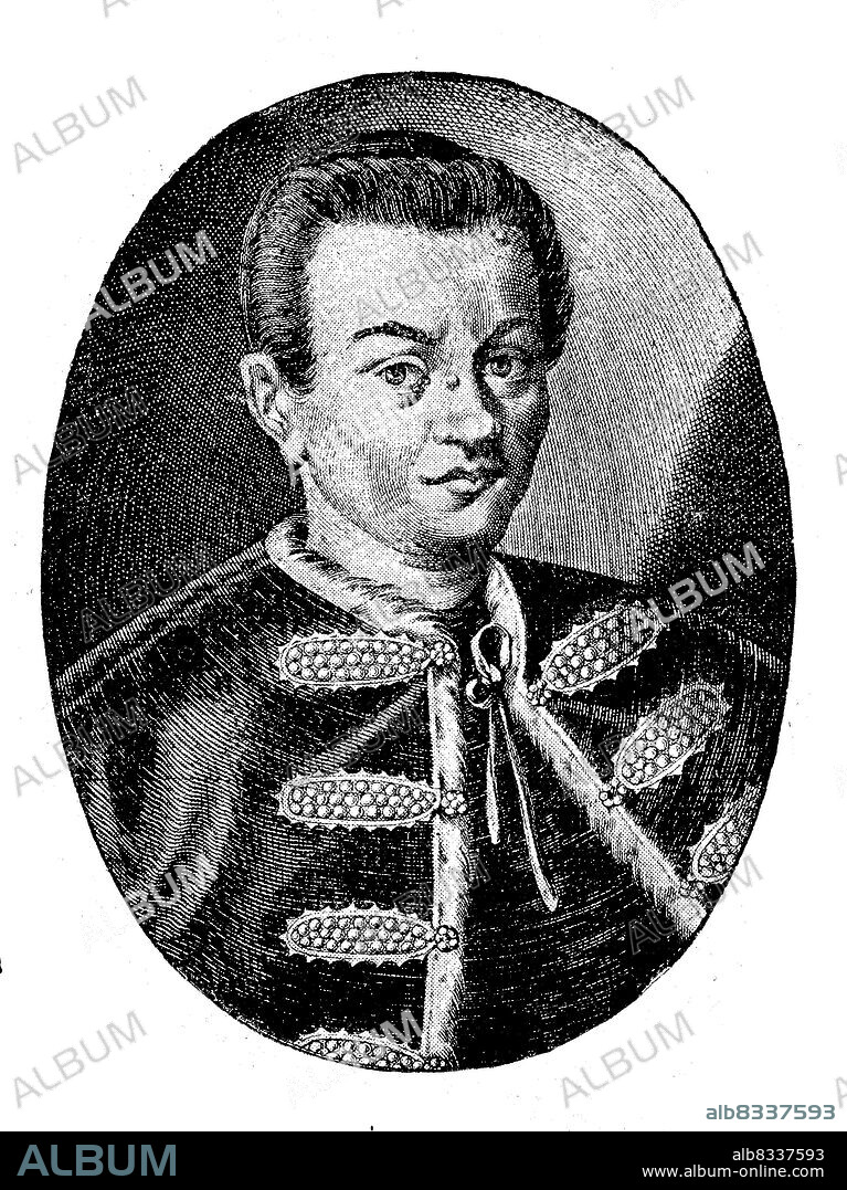 The false Dmitri, Yuri Otrepyev, as monk Grigory Otrepyev, Pseudo-Dimitri or Pseudo-Demetrius, born around 1580 - May 27, 1606, was Russian tsar for a short time in 1605/06 as Dimitri II. / Der falsche Dmitri, Juri Otrepjew, als Mnch Grigori Otrepjew, Pseudo-Dimitri oder Pseudo-Demetrius, geboren um 1580 - 27. Mai 1606, war 1605/06 als Dimitri II. fºr kurze Zeit russischer Zar, Historisch, historical, digital improved reproduction of an original from the 19th century / digital restaurierte Reproduktion einer Originalvorlage aus dem 19. Jahrhundert, Originaldatum nicht bekannt.