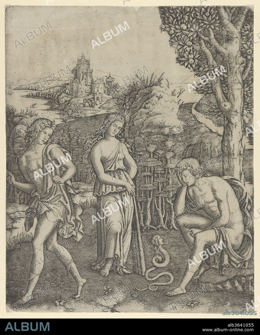 A young man sitting at right resting his head in his hand, a snake with a womans head before him, a young woman holding a  pan pipes standing in the centre and a young man leaving at left. Artist: Marcantonio Raimondi (Italian, Argini (?) ca. 1480-before 1534 Bologna (?)). Dimensions: Sheet: 10 3/8 × 8 7/16 in. (26.4 × 21.5 cm). Date: ca. 1510-20.