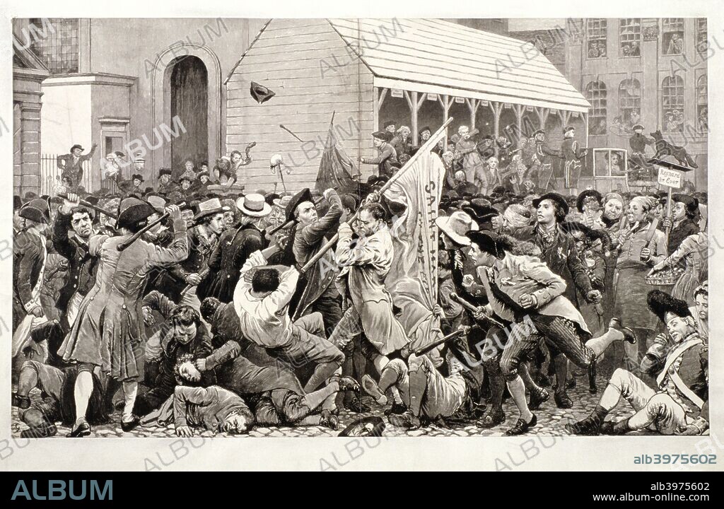 Covent Garden with election hustings in the background, featuring Charles James Fox, London, (c1790?). In the foreground a riot has broken out.