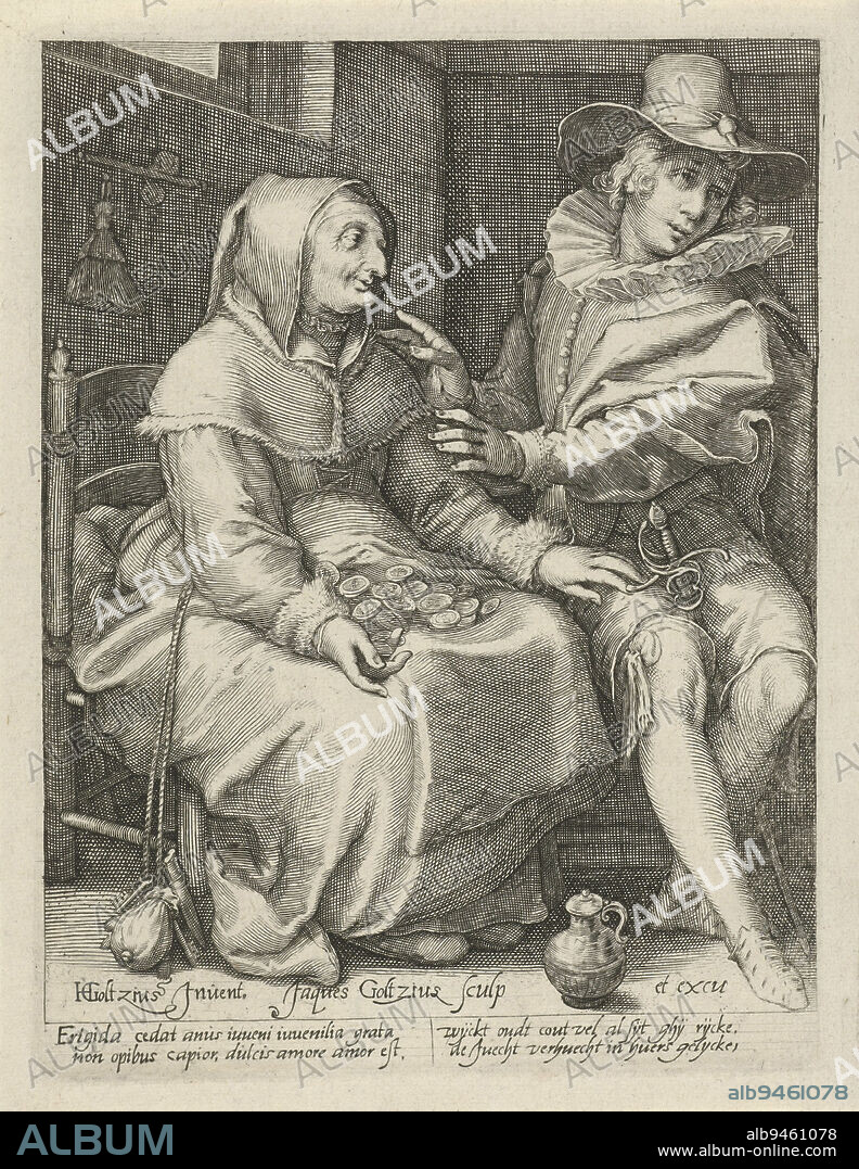 An old woman is sitting on a chair. In her lap are several coins. Next to her a young man on a chair. The woman puts her hand on the man's leg, but he turns away from her. The print has a Latin and Dutch caption, Unequal Love, print maker: Jacob Goltzius (II), (mentioned on object), Hendrick Goltzius, (mentioned on object), anonymous, Haarlem, 1584 - 1630, paper, engraving, w 141 mm × h 185 mm.