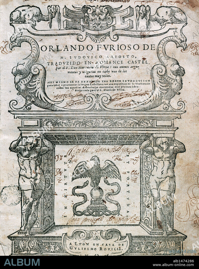 Ludovico Ariosto (1474 Ð 1533) was an Italian poet. He is best known as the author of the romance epic Orlando Furioso (1516). Book cover "Orlando Furioso, edited in Lyon (Lugdunum), 1556. Library of Catalonia. Barcelona. Spain.