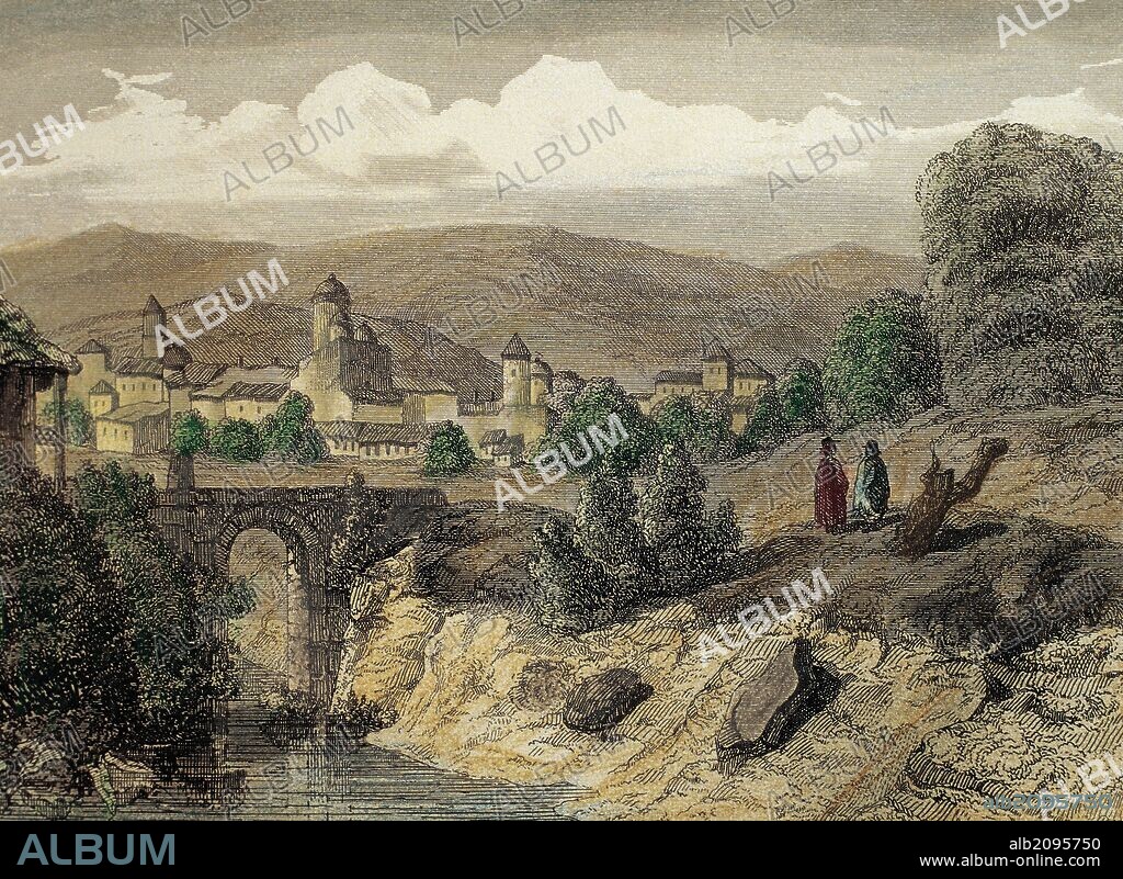ECUADOR. QUITO City of San Francisco de Quito, founded on December 6, 1534 by the Spanish conqueror Sebastián Benalcázar, next to the eastern slopes of the Pichincha Volcano. Engraving of the year 1850.