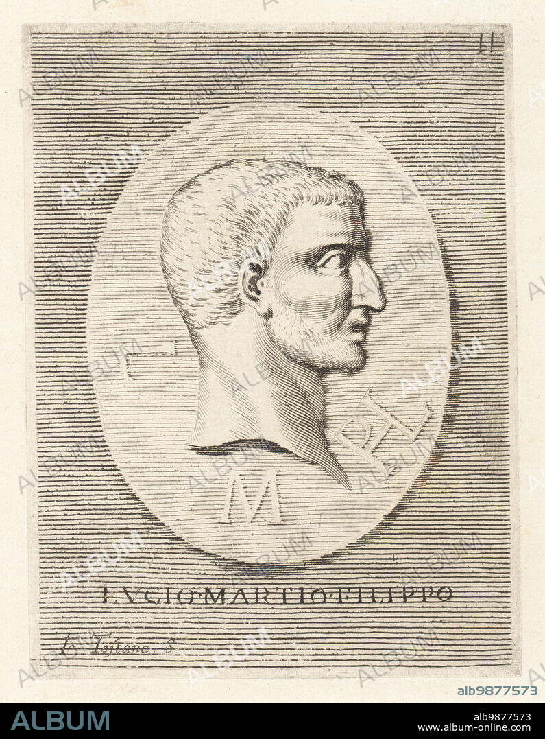 Lucius Marcius Philippus, politician and senator in the late Roman republic, consul from 56 BC, step-father of the Emperor Augustus. From a cornelian gem owned by the Marquis Tassi. Lucio Martio Filippo. Copperplate engraving by Joseph Testana after Giovanni Angelo Canini from Iconografia, cioe disegni d'imagini de famosissimi monarchi, regi, filososi, poeti ed oratori dell' Antichita, Drawings of images of famous monarchs, kings, philosophers, poets and orators of Antiquity, Ignatio deLazari, Rome, 1699.