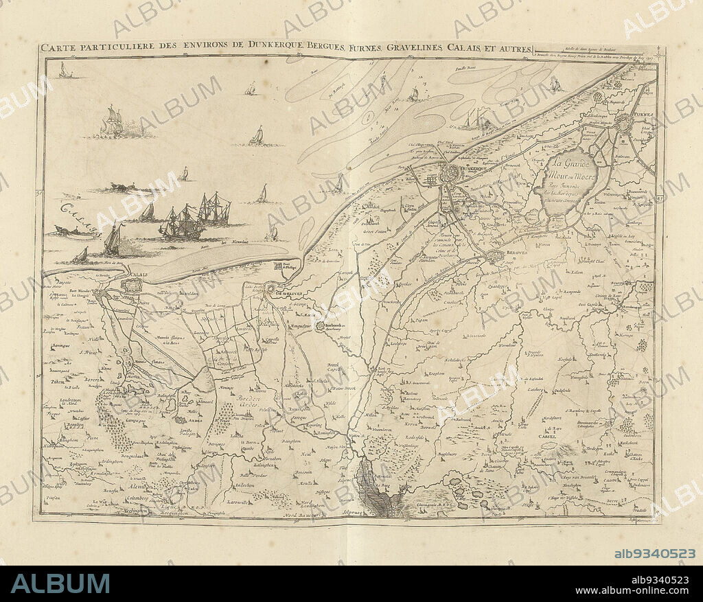 Map of the northern French coast, 1707, Carte particuliere des environs de Dunkerque, Bergues, Furnes, Gravelines, Calais, et autres (title on object), Map of the northern French coast between Dunkirk and Calais, 1707. Part of a bundled collection of plans of battles and cities renowned in the War of the Spanish Succession. This plate is among the first 24 plates that make up a very large map of the Southern Netherlands., print maker: Jacobus Harrewijn (mentioned on object), publisher: Eugene Henry Fricx (mentioned on object), Brussels, 1707, paper, etching, engraving, height 419 mm × width 555 mm.