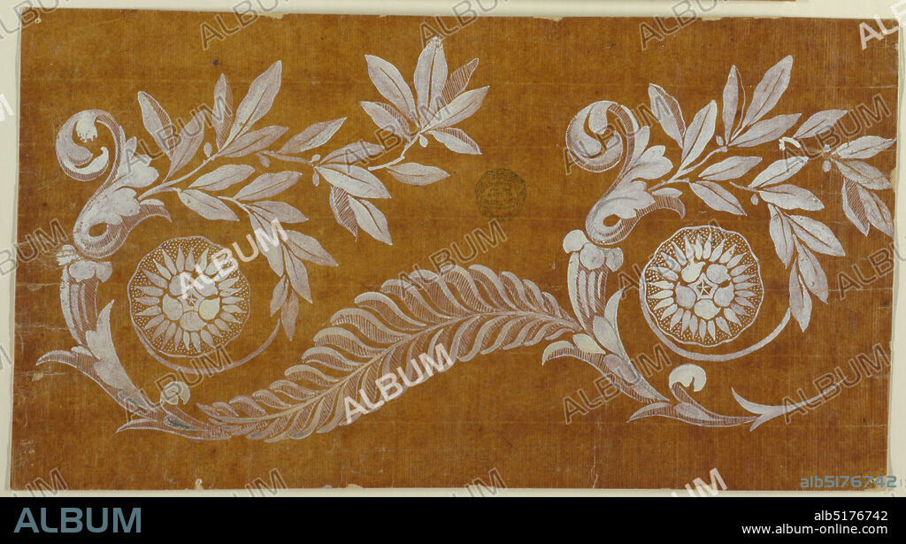 Design for a Woven or Embroidered Horizontal Border of the 'Fabrique de St. Ruf', Fabrique de Saint Ruf, Lyon, France, Brush and gouache, graphite on glazed tracing paper, A rinceau consists of a feathery leaf, parts of acanthus, a laurel bough, with a flower at the end of the spiral. One and a half repeats are shown., France, 1805-1815, Drawing, Drawing.