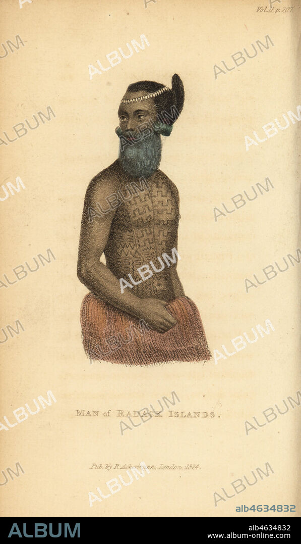 Native man of Radack Islands (Ratak chain), Marshall Islands, with tattooed chest, blue beard and rolled pandanus-leaf earrings. Handcoloured stipple engraving from Frederic Shoberl's The World in Miniature, The South Sea Islands, Ackermann, 1824. Copied from an illustration by Louis Choris in Otto von Kotzebue's Picturesque voyage around the world, 1822.